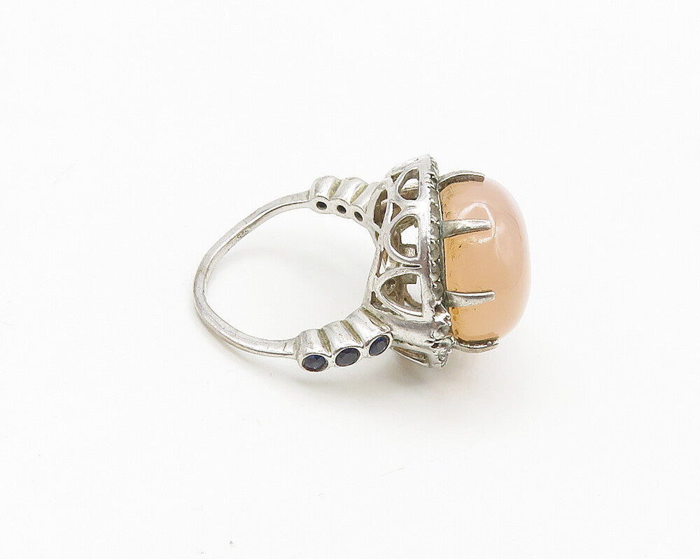 MLD 925 Silver  Cabochon Rose Quartz & Blue Topaz Cocktail Ring Sz 6  RG18247