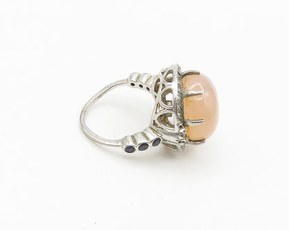MLD 925 Silver  Cabochon Rose Quartz & Blue Topaz Cocktail Ring Sz 6  RG18247