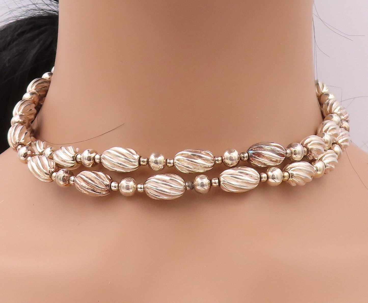 925 Sterling Silver Vintage Necklace Long Grooved Puffed Beads Chain  NE4398