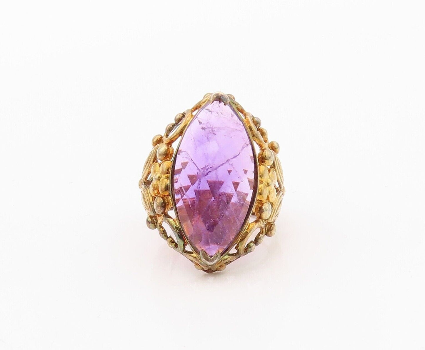 925 Sterling Silver Vintage Ring Gold Plated Floral Carved Amethyst Sz 7 RG29968