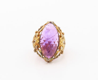 925 Sterling Silver Vintage Ring Gold Plated Floral Carved Amethyst Sz 7 RG29968