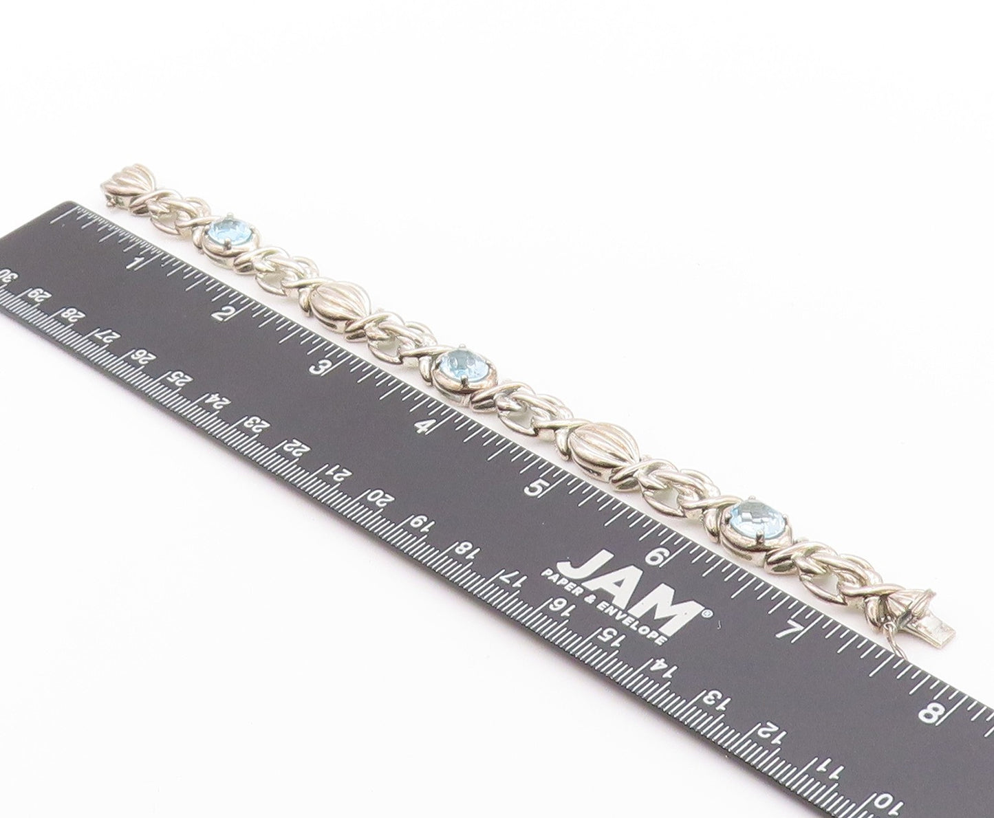 925 Sterling Silver Vintage Bracelet Oval Topaz Knotted Links Cutout  BT11199