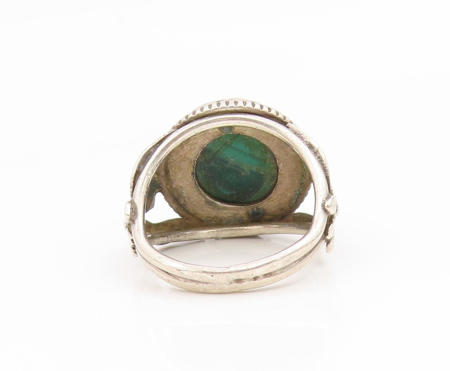 925 Sterling Silver Vintage Ring Cabochon Malachite Feather Motif  Sz 5  RG35172