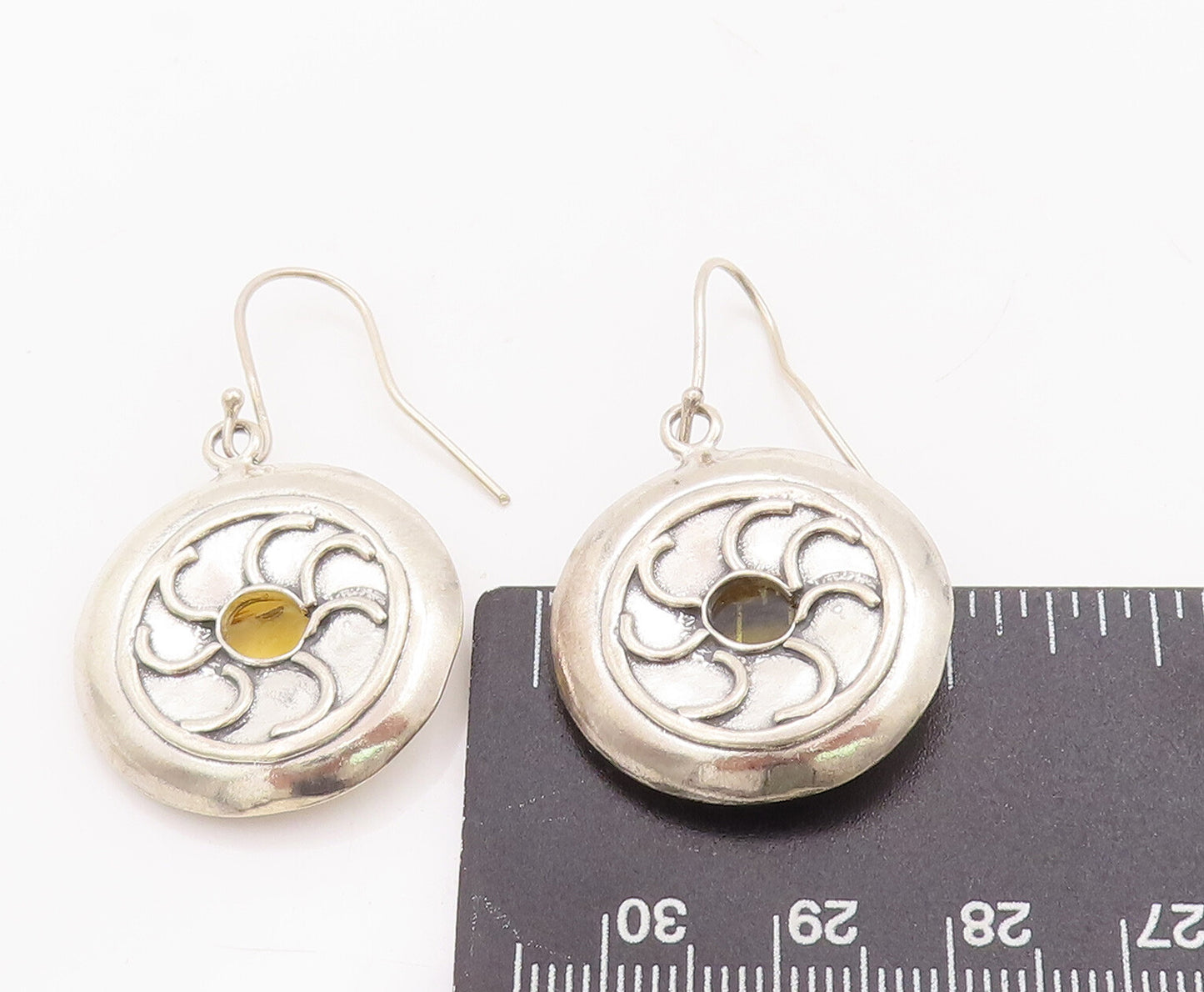 925 Sterling Silver Vintage Earrings Dangling Solid Carved Car Wheel   EG13041