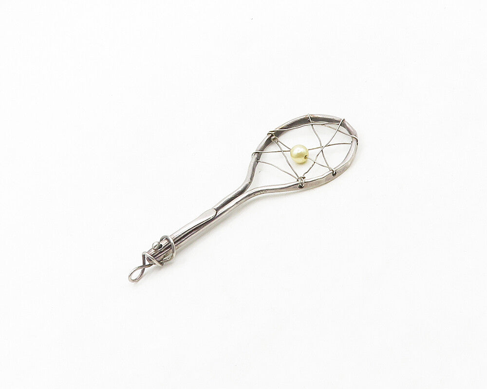 925 Sterling Silver Vintage Modernist Tennis Racket With Pearl Pendant PT15286
