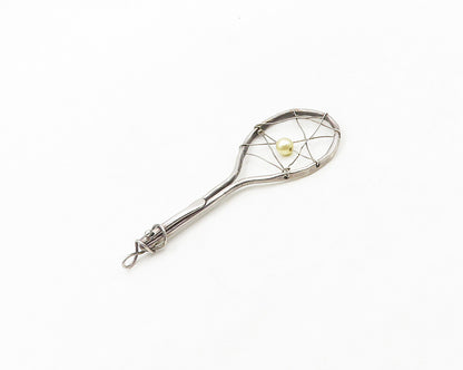 925 Sterling Silver Vintage Modernist Tennis Racket With Pearl Pendant PT15286