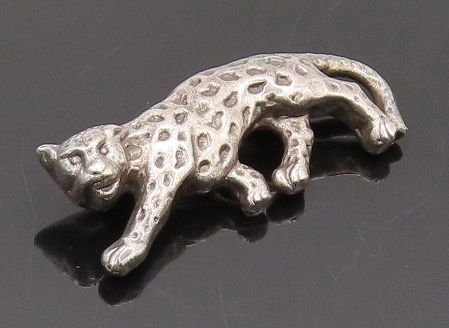 925 Sterling Silver Vintage Brooch Pin 3D Carved Puffed Walking Leopard  BP10608