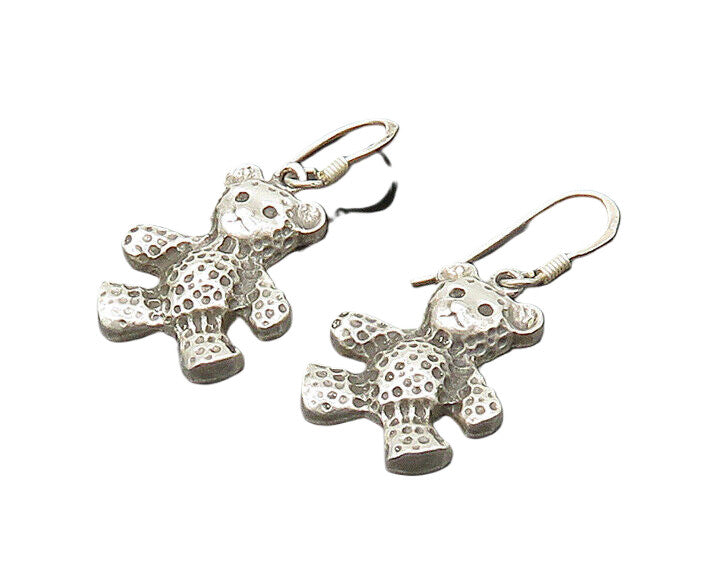 925 Sterling Silver  Vintage Shiny Textured Teddy Bear Drop Earrings  EG10623
