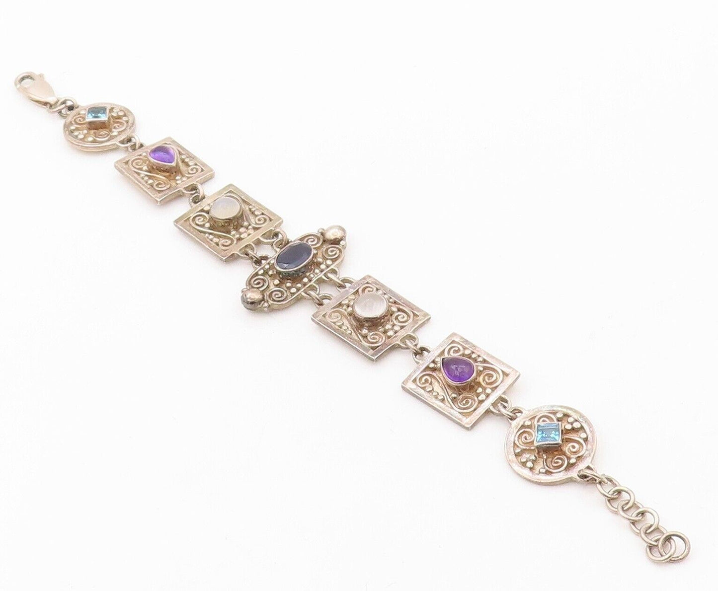 925 Sterling Silver Vintage Bracelet Antique Swirly Carved Gemstones  BT10804