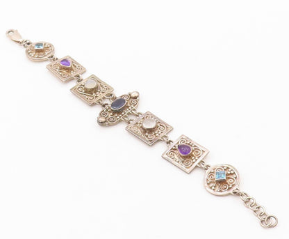925 Sterling Silver Vintage Bracelet Antique Swirly Carved Gemstones  BT10804