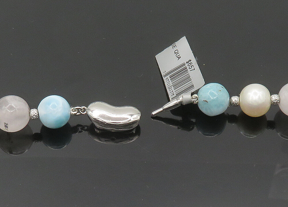 925 Silver  Vintage Pearls Rose Quartz & Larimar Beaded Chain Necklace  NE3385