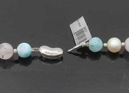 925 Silver  Vintage Pearls Rose Quartz & Larimar Beaded Chain Necklace  NE3385
