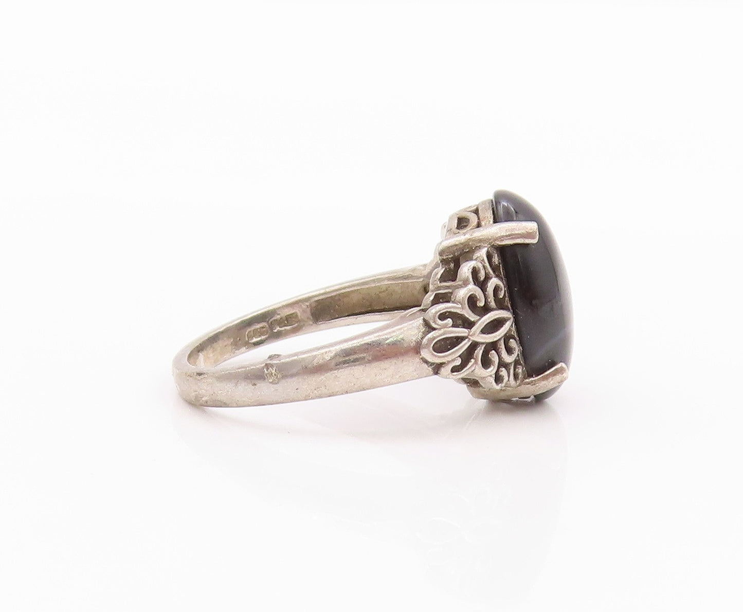 925 Sterling Silver Vintage Ring Floral Carved Cabochon Gemstone  SZ 8  RG32238