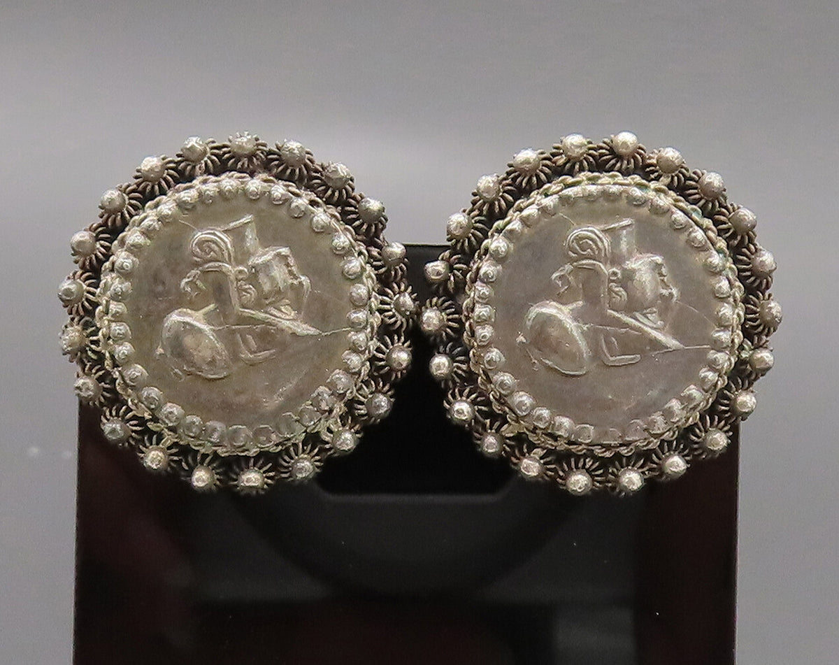 925 Sterling Silver  Vintage Carved Female Face Beaded Round  Earrings EG12556