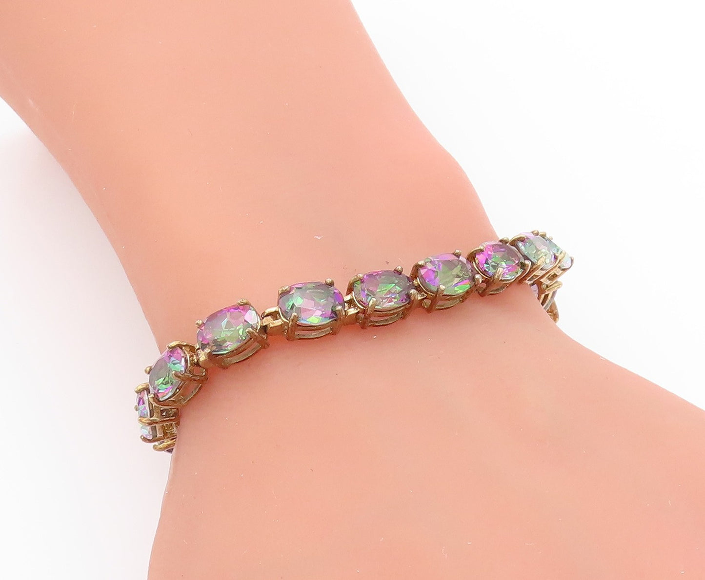 925 Sterling Silver Vintage Bracelet Gold Plated Oval Mystic Topaz Chain BT11380