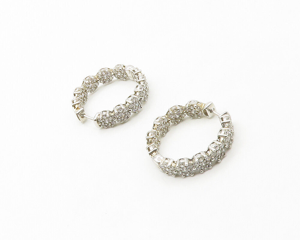 925 Sterling Silver  Cubic Zirconia Floral Cluster Shiny Hoop Earrings  EG8775