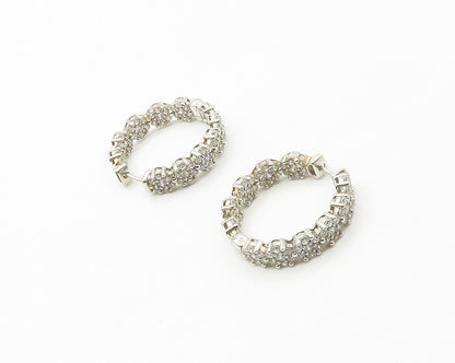 925 Sterling Silver  Cubic Zirconia Floral Cluster Shiny Hoop Earrings  EG8775