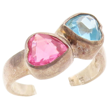 925 Sterling Silver Vintage Ring Pink & Blue Topaz Love Hearts  Sz 5.5  RG36476