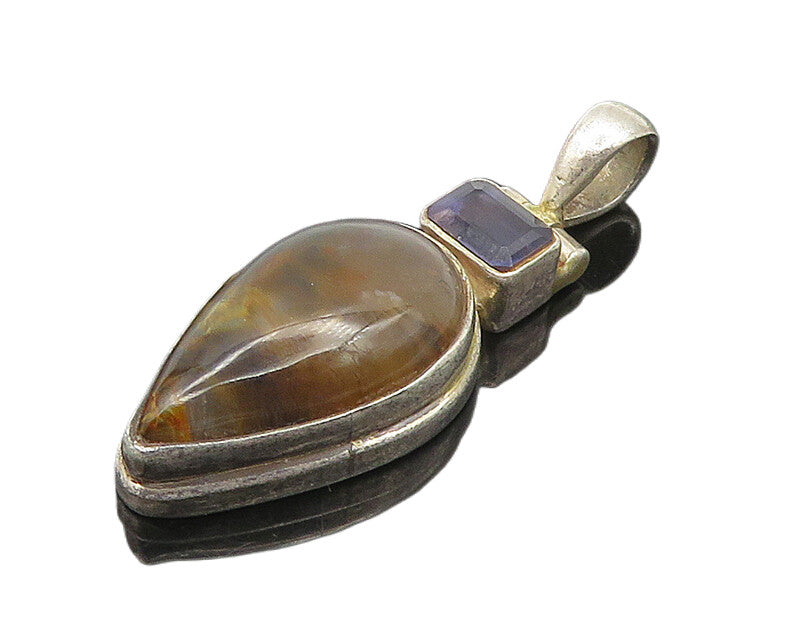925 Sterling Silver  Vintage Tear Drop Agate & Tanzanite Pendant  PT14682