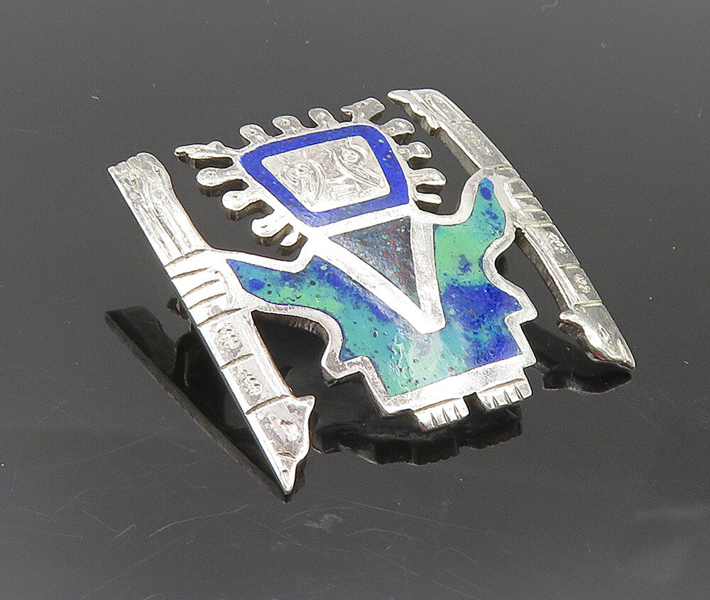 PERU 925 Sterling Silver  Vintage Azurite Inlay Traditional Brooch Pin  BP3564