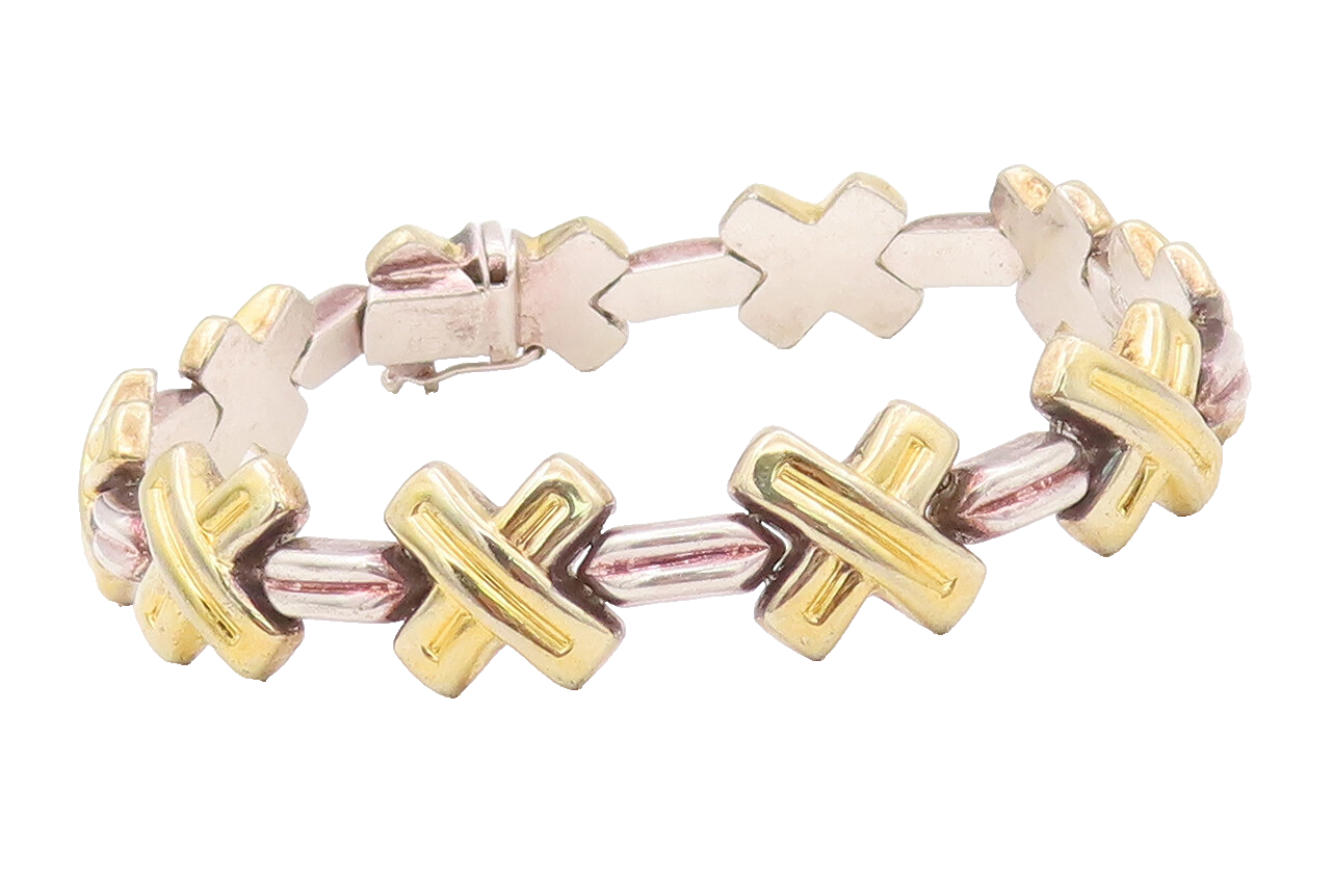925 Sterling Silver Vintage Bracelet Fold Plated Cutout Cross And Links  BT10403