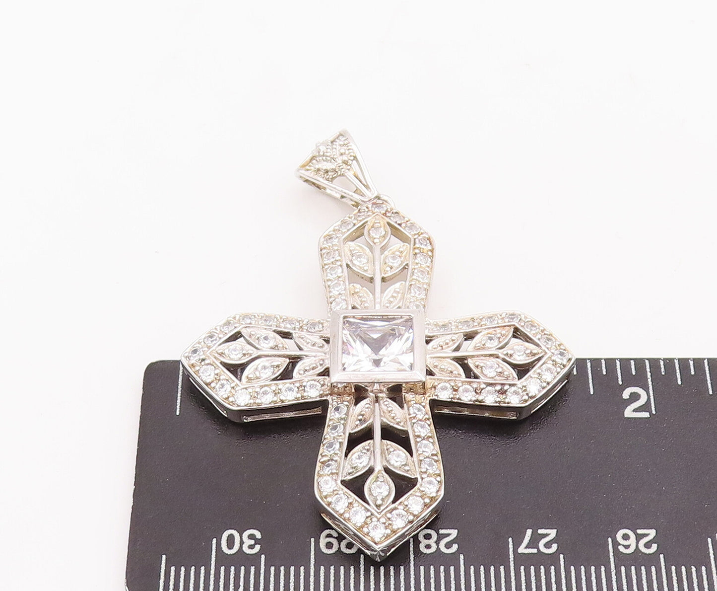 925 Sterling Silver Vintage Pendant CZ Beaded Floral Carved Cross "X"  PT22853