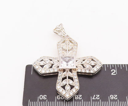 925 Sterling Silver Vintage Pendant CZ Beaded Floral Carved Cross "X"  PT22853