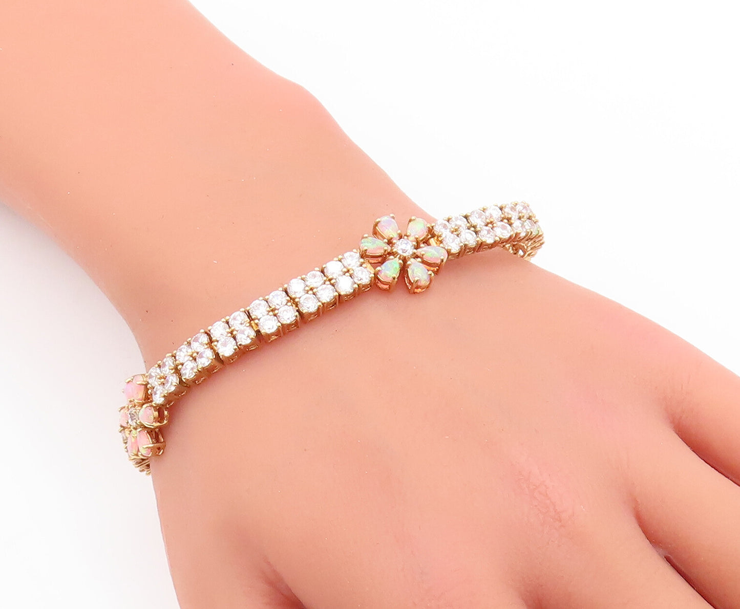 925 Sterling Silver Vintage Bracelet Fire Opal Flower CZ Band  BT10534