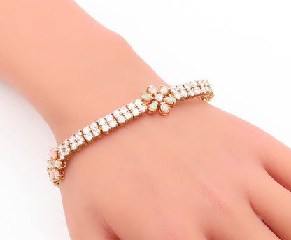 925 Sterling Silver Vintage Bracelet Fire Opal Flower CZ Band  BT10534