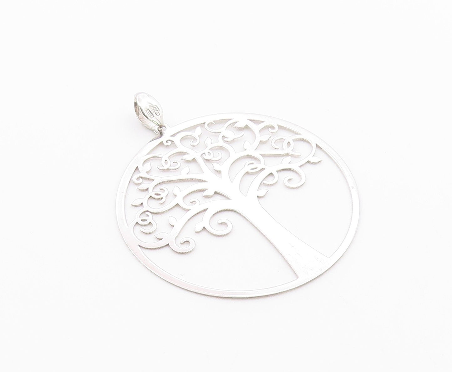 925 Sterling Silver  Vintage Shiny Tree Of Life Motif Round Pendant  PT17743