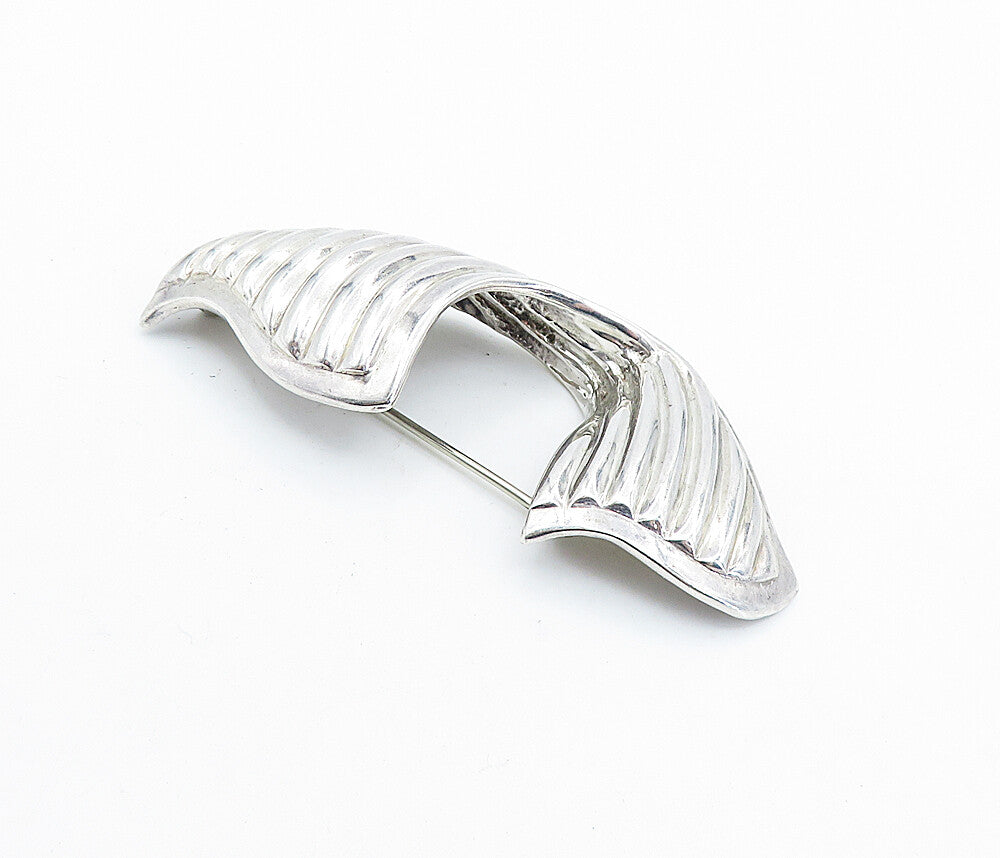 925 Sterling Silver  Vintage Shiny Fluted Ribbon Design Brooch Pin  BP2540