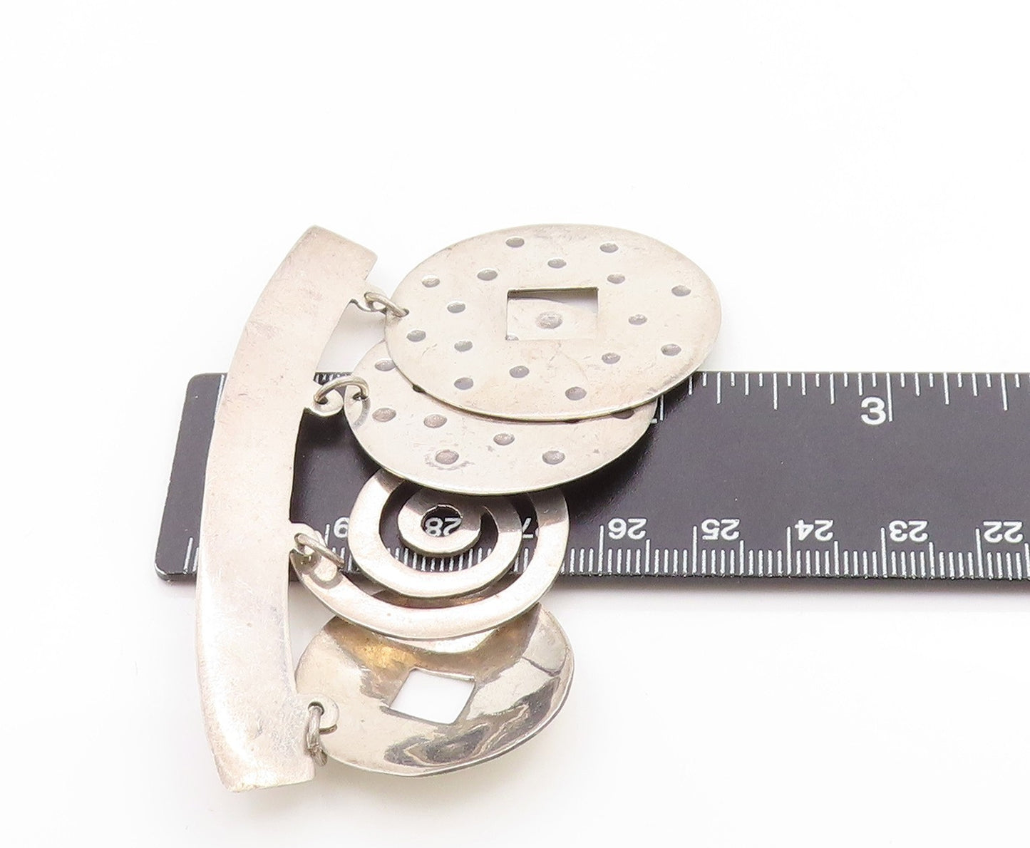 925 Sterling Silver Vintage Brooch Pin MEXICO Modernist Dangling Circles BP12261