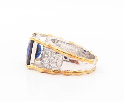 925 Sterling Silver Vintage Ring Gold Plated Designer Sapphire CZ  Sz 7  RG30196
