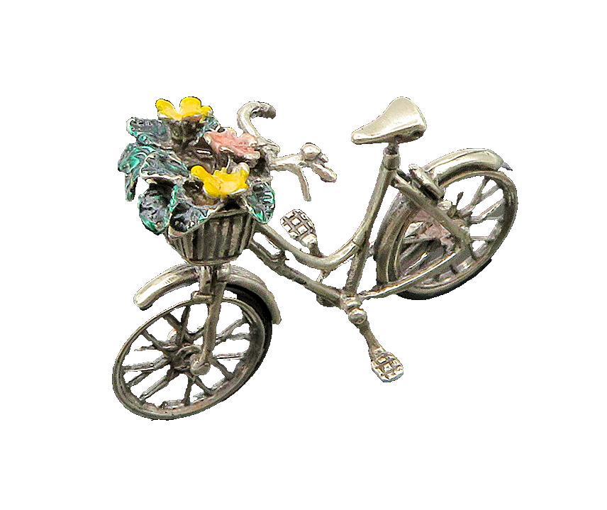 925 Sterling Silver  Vintage Enamel Bicycle With Flower Basket Trinket  TR2590