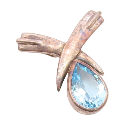 925 Sterling Silver  Vintage Tear Drop Blue Topaz Crossed Pendant  PT18483