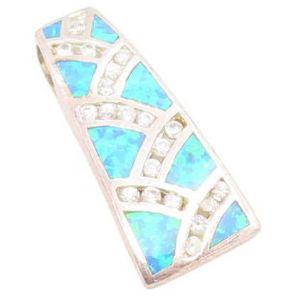 925 Sterling Silver Vintage Pendant Fire Opal & CZ Geometric Inlay Charm PT26646