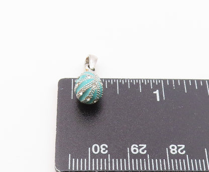 925 Silver  Vintage Dotted Blue Enamel With Topaz Accent Drop Pendant  PT21380