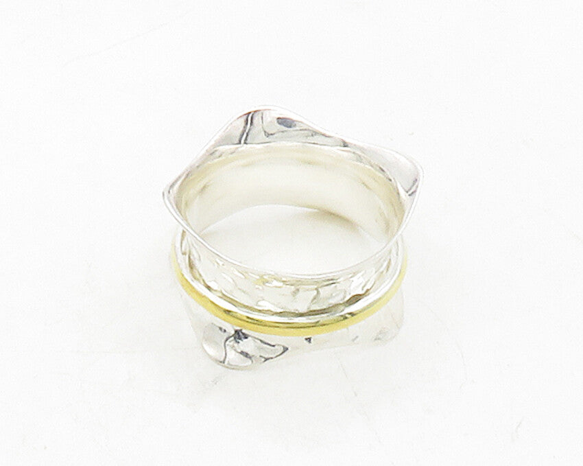 925 Sterling Silver  Vintage Shiny Two Tone Hammered Band Ring Sz 7  RG13170