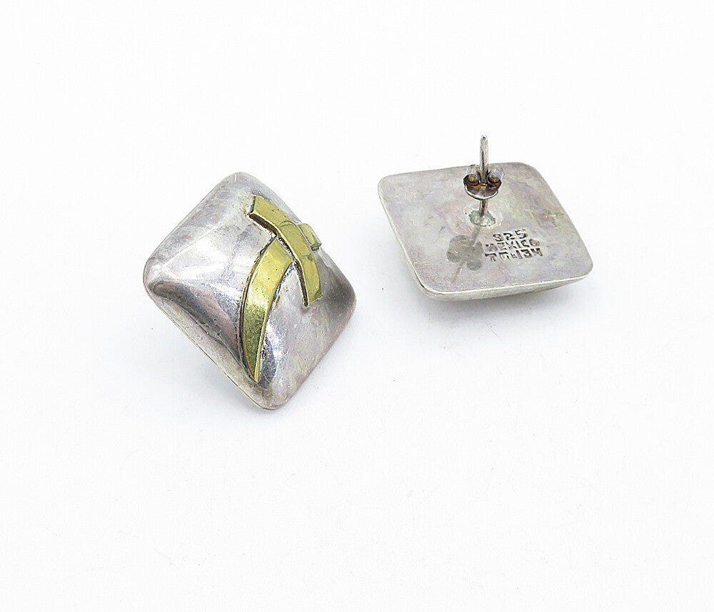 MEXICO 925 Sterling Silver  Vintage Two Tone Square Dome Drop Earrings  EG2170
