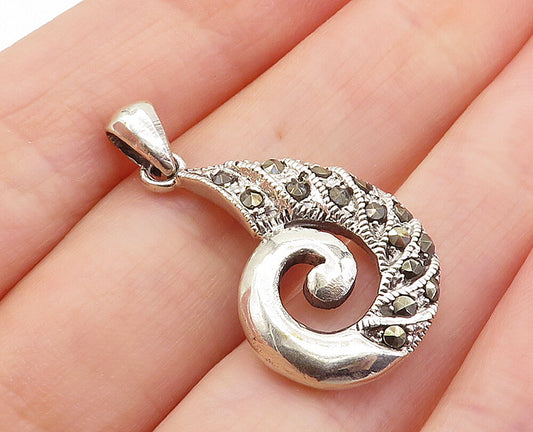 925 Sterling Silver  Vintage Sparkling Marcasite Spiral Drop Pendant  PT5760