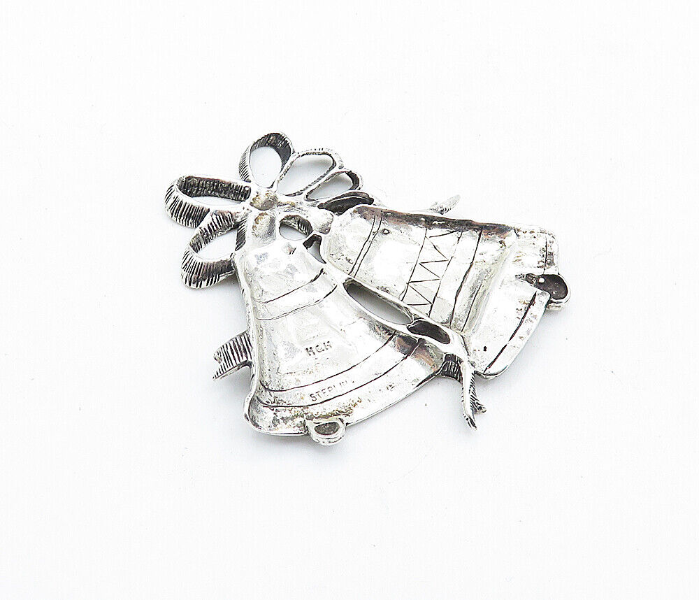 925 Sterling Silver  Vintage Oxidized 1990 Christmas Bells Drop Pendant PT4770