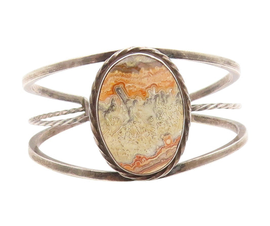 925 Sterling Silver Vintage Bracelet SOUTHWESTERN Cabochon Agate Cuff BT11654