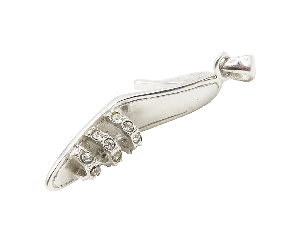 925 Sterling Silver  Shiny Cubic Zirconia High Heel Sandal Pendant  PT10359