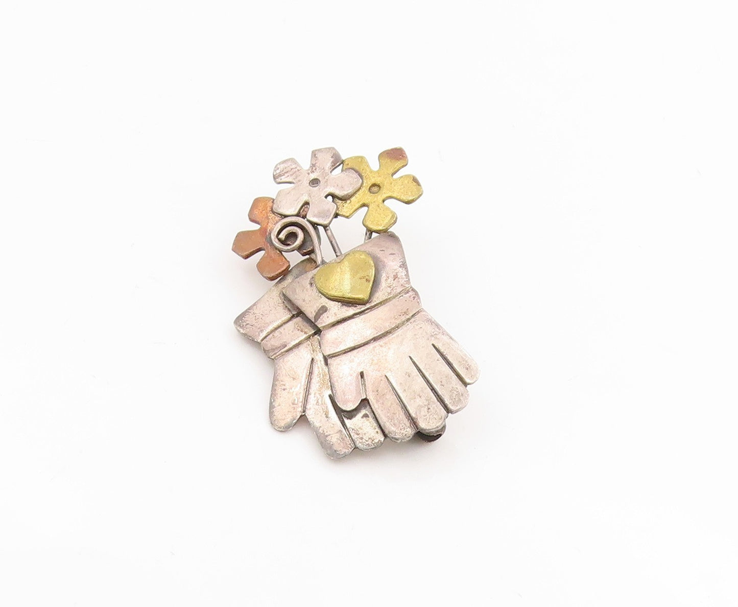 925 Sterling Silver Vintage Brooch FAR FETCHED Floral Garden Gloves Pin  BP12128