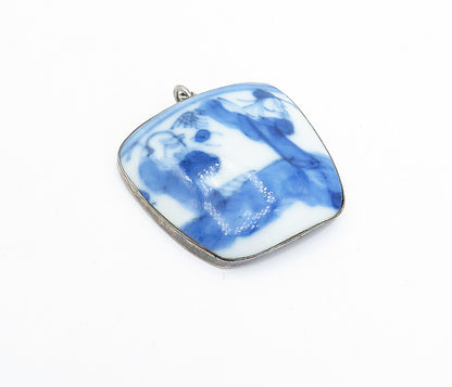 CHINESE 925 Sterling Silver  Vintage Ceramic Dancing Scene Pendant  PT2741