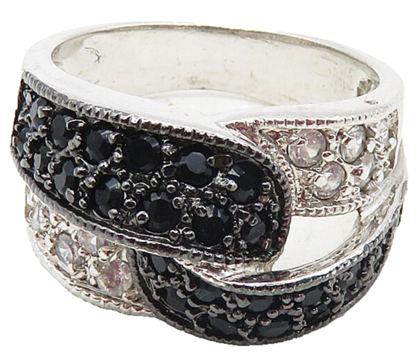 925 Sterling Silver  Black Hematite & Topaz Shiny Band Ring Sz 8  RG9445