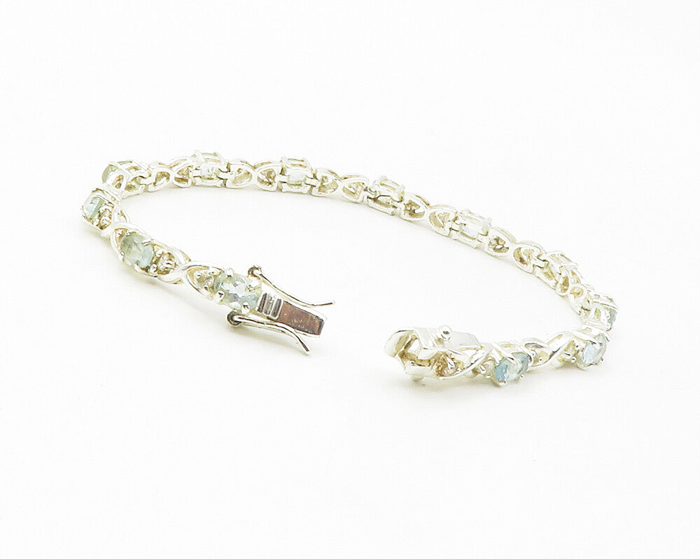925 Sterling Silver  Prong Set Aquamarine & Topaz XO Chain Bracelet  BT5449