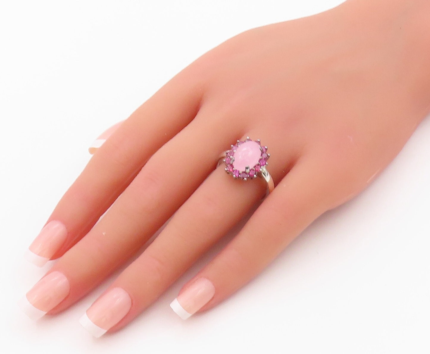 925 Sterling Silver Vintage Ring Cabochon Gemstone Halo Pink CZ  SZ 8  RG32034