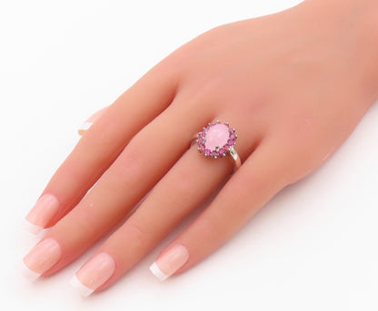 925 Sterling Silver Vintage Ring Cabochon Gemstone Halo Pink CZ  SZ 8  RG32034