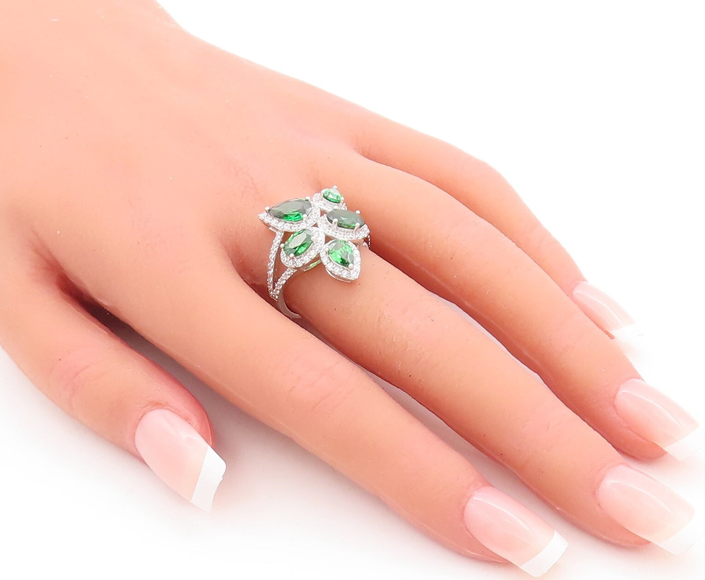 925 Sterling Silver Vintage Ring Drop Oval Cut Green Halo White CZ  Sz 7 RG29350